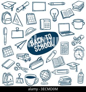 Grande collection d'icônes éducatives dessinées à la main et de fournitures scolaires disposées autour d'un badge central Back to School isolé sur un fond blanc Illustration de Vecteur
