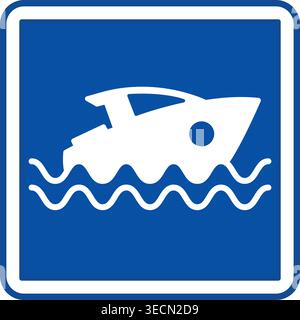 Enseigne bleue sur le quai. Panneau routier carré. Bateau naviguant sur la mer. Icône vectorielle Illustration de Vecteur