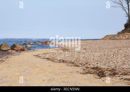 Plage ensoleillée avec des galets et des rochers éparpillés. Le rivage sablonneux rencontre l'eau bleue calme. Ciel dégagé au-dessus du rivage lointain. La beauté tranquille de la nature, intacte Banque D'Images
