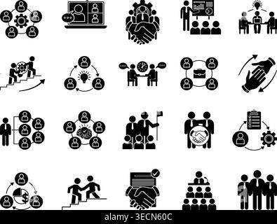 Icônes de travail d'équipe noires. Collaboration sur les icônes vectorielles, webinaire, collègue, équipe, travail d'équipe, présentation, réunion, leadership, brainstorming et autre Illustration de Vecteur