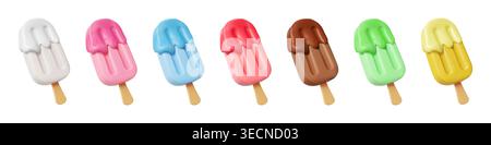 crème glacée 3d. Icône popsicle, nourriture à la vanille blanche avec jus de fruits. Chocolat d'été eskimo différentes couleurs et saveurs. Dessert glacé. Vecteur isolé rendu brillant dessin animé isolé éléments de gelato isolés Illustration de Vecteur