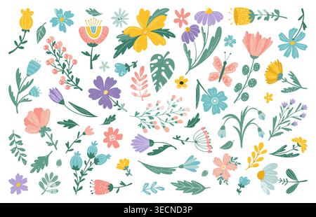 Éléments floraux mignons. Ensemble de cliparts botaniques dessinés à la main avec de minuscules fleurs, des feuilles de doodle, des baies sur des tiges dans des couleurs pastel, pré de printemps, jardin décoration d'été pour enfant. Illustration isolée vectorielle Illustration de Vecteur