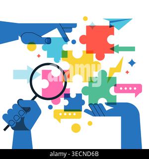 Recherche commerciale et concept de résolution de problèmes. Mains avec loupe examinant des pièces de puzzle. Travail d'équipe géométrique abstrait et conception logique. Vect Illustration de Vecteur