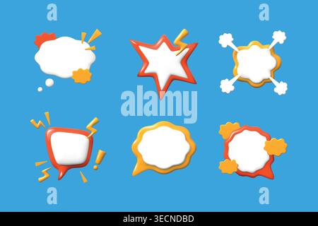 3d penser nuage. Réactions de ballon de discours comique, zone de texte vide blanche ou forme de message de chat. Eléments de rendu de dessin animé brillant. Commentaire d'explosion et nuage de pensée, ensemble vectoriel isolé sur fond Illustration de Vecteur