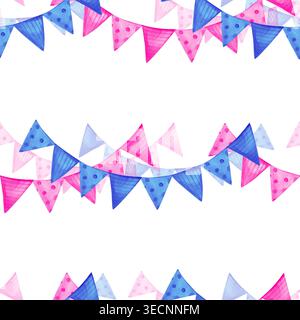 Guirlande festive aquarelle avec drapeaux roses et bleus. Motif horizontal sans couture dessiné à la main pour la douche de bébé, l'anniversaire, ou la partie de révélation de sexe Banque D'Images