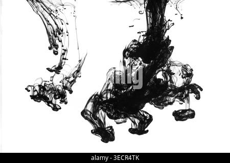 Encre noire se dissolvant lentement dans l'eau, formant des formes fluides abstraites sombres et des effets de fumée Banque D'Images