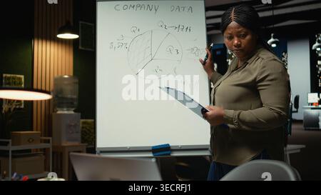 Travailleur afro-américain résumant les idées et les rapports sur un tableau blanc, faisant des projections avec des graphiques en chandelier en utilisant l'analyse des données. Prévision pour atteindre les objectifs de chiffre d'affaires. Caméra A. Banque D'Images