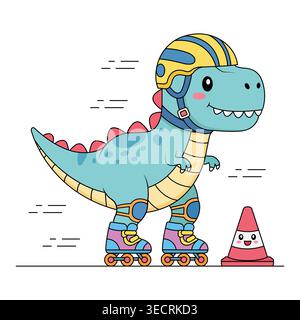 Cute Cartoon T-Rex Dinosaur Roller Skating avec casque, genouillères et Un cône de trafic heureux, vecteur Illustration de Vecteur