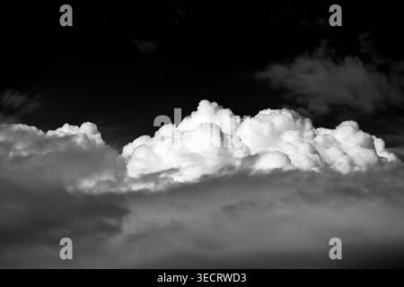 Photographie captivante en noir et blanc montrant des formations nuageuses spectaculaires. L'interaction de la lumière et de l'ombre crée des formes étonnantes, mettant en évidence t Banque D'Images