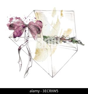 Noeud de ruban pastel, pointe de fleur feuillue dans une enveloppe de papier artisanal pour l'amour, merci. lettres de vœux. Illustration dessinée à la main au crayon délicat Banque D'Images