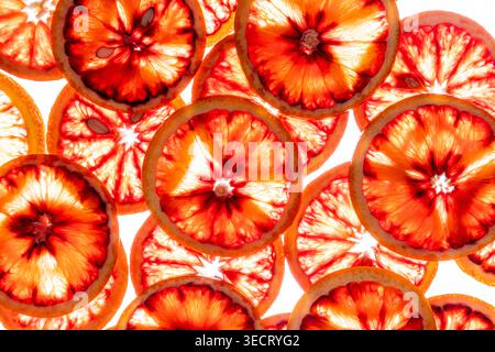Motif en gros plan de tranches d'orange sanguine juteuses superposées et superposées sur un fond blanc propre, mettant en valeur la pulpe d'agrumes rouge vif, la texture et fr Banque D'Images