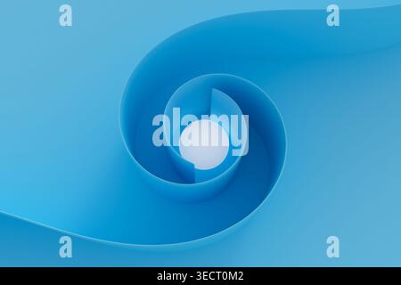 Une image abstraite d'une structure en spirale dans des teintes bleues douces embrassant une sphère centrale, créant un arrière-plan harmonieux et apaisant. Idéal pour la créativité Banque D'Images