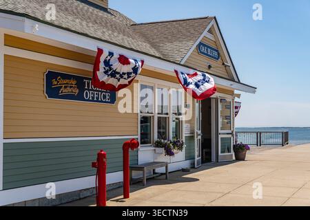 Oak Bluffs, Martha's Vineyard, ma, États-Unis-3 juillet 2025 : le ferry arrive au terminal de l'île et les gens nagent à la plage regardant le ferry. Banque D'Images