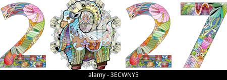 2027 logo texte design avec un motif de chèvre. Modèle de conception affiche de typographie de célébration, bannière ou carte de voeux pour la bonne année. Illustration de Vecteur