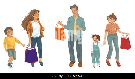 Famille shopping. Portrait plein pied de gars heureux, femme, adolescents, fille et garçon, enfant souriant. Posant avec des sacs à provisions en papier, debout ensemble. Banque D'Images