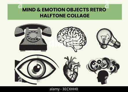 Collage demi-ton rétro d'objets d'esprit et d'émotion en vintage Illustration de Vecteur