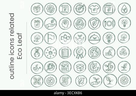 Icônes de contour dessinées à la main liées à la feuille écologique et à l'ensemble de durabilité Illustration de Vecteur