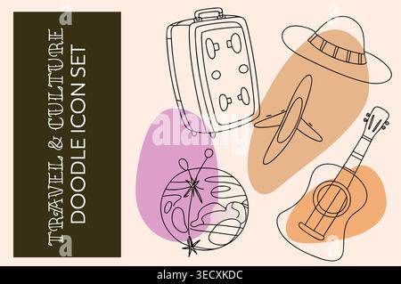 Jeu d'icônes de voyage et de culture dessiné à la main avec des éléments minimalistes d'art au trait Illustration de Vecteur