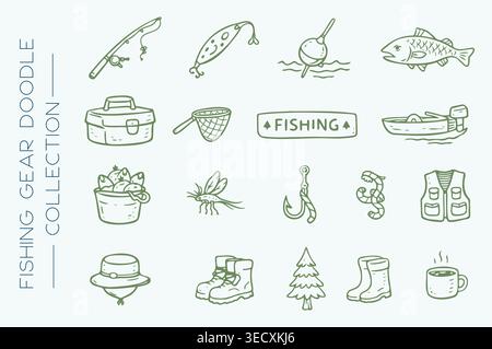 Collection d'engins de pêche dessinés à la main avec canne, leurre et équipement extérieur Illustration de Vecteur