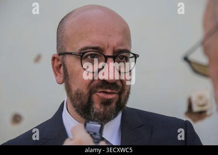 Charles Michel, ancien premier ministre de Belgique, s’adresse aux journalistes lors de la commémoration de 10 commandos belges tués au Rwanda le 7 avril 1994. Banque D'Images