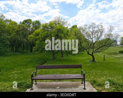 Banc en bois vide face au luxuriant Green Park Banque D'Images