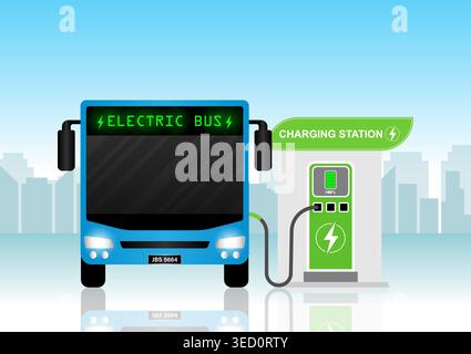 Recharge du bus électrique à la station de charge. Green Energy ou Eco-Friendly concept. Illustration vectorielle. Illustration de Vecteur