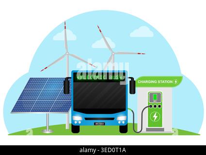 Recharge du bus électrique à la station de charge. Green Energy ou Eco-Friendly concept. Illustration vectorielle. Illustration de Vecteur