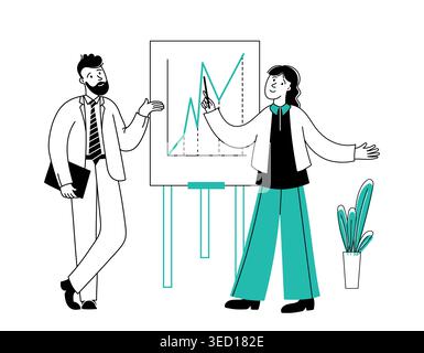 Réunion de l'équipe d'affaires avec des graphiques de présentation et l'analyse de données pour les bannières de stratégie d'entreprise, la conception de site Web de démarrage, et le marketing ou la finance Illustration de Vecteur