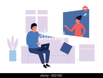 Scène de réunion par appel vidéo avec des collègues distants sur le canapé pour les bannières de conférence en ligne, la conception de site Web de télétravail, et l'espace de travail hybride ou le coaching Illustration de Vecteur