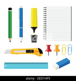 Collection colorée d'articles de papeterie, y compris un crayon, stylo, surligneur, cahier, cutter, punaises, trombones, règle et gomme disposés nea Illustration de Vecteur