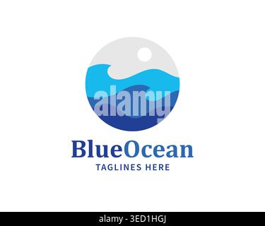 Symbole moderne et propre avec un design circulaire avec des couches de vagues bleues océaniques et un soleil au-dessus, parfait pour le brandi marin, de voyage ou environnemental Illustration de Vecteur