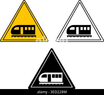 Signes train. Panneaux de signalisation routière. Gare ferroviaire. Icônes vectorielles jaune, noir et blanc Illustration de Vecteur