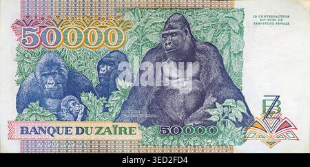 Billet de 50 000 zaïres avec Maheshe, célèbre gorille argentée en République démocratique du Congo ou en RDC (ex-Zaïre). Sortie année 1991 Banque D'Images