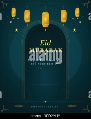 Carte d'invitation Eid Moubarak vert sarcelle de qualité supérieure avec cadre en arc de mosquée doré et lanternes suspendues. Élégant modèle de conception festive de vacances islamiques. Illustration de Vecteur
