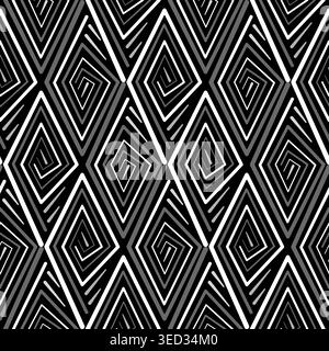 Motif géométrique sans couture de tourbillons et de lignes. Ornement ethnique monochrome. Spirales blanches grises gondolées sur fond noir. Design graphique minimaliste Illustration de Vecteur