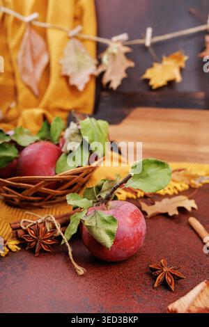 Pomme d'automne nature morte avec des herbes et des feuilles Banque D'Images
