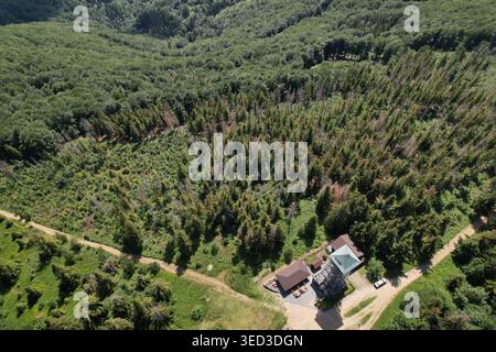 Vue aérienne d'une forêt luxuriante avec un sentier de randonnée traversant, une tour d'observation en bois et de petits bâtiments à la lisière de la forêt Banque D'Images