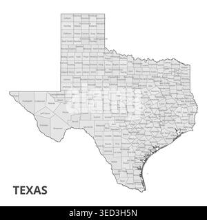 Carte politique détaillée de l'État du Texas, États-Unis, montrant les 254 comtés et les frontières internationales et nationales étendues de l'État. Illustration de Vecteur