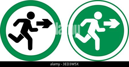 Panneaux verts sortie. Icônes vectorielles. Avertissement. Homme courant derrière la flèche de sortie. Symbole d'évacuation d'urgence Illustration de Vecteur