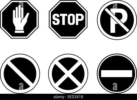 Panneaux routiers noirs interdisant le stationnement. Icônes vectorielles. Stationnement interdit, arrêt, attente et entrée Illustration de Vecteur