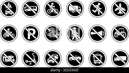 Panneaux routiers ronds interdits noirs. Icônes vectorielles. Pas d'embouteillages, camions, trolleybus, motos, bus, vélos, piétons, taxis, et plus encore Illustration de Vecteur