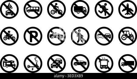 Panneaux routiers ronds interdits. Icônes vectorielles. Pas d'embouteillages, camions, trolleybus, motos, bus, vélos, piétons, taxis, et plus encore Illustration de Vecteur