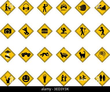 Panneaux routiers humoristiques jaunes. Icônes vectorielles en forme de diamant. BBQ, musique, Selfie, joueur, photographe, Burger, DJ au travail, méfiez-vous des zombies, et plus encore Illustration de Vecteur