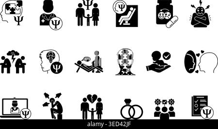 Jeu d'icônes psychologie noire. Illustrations vectorielles psychologie familiale, psychologue, divorce, psychologie de l'enfant, mariage, antidépresseurs, adoption, Compl Illustration de Vecteur