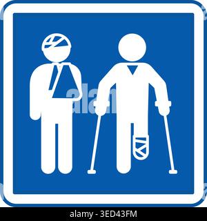 Signe bleu traumatologie. Icône vectorielle. Personne blessée à la tête et au bras, personne sur des béquilles blessée à la jambe. Enseigne du service hospitalier Illustration de Vecteur