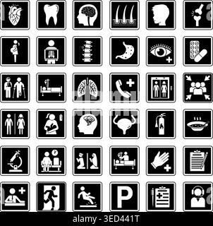 Signes noirs de l'hôpital. Icônes vectorielles : cardiologie, dentisterie, Neurologie, Dermatologie, Urologie, pédiatrie, ophtalmologie, Gynécologie, Orthopédie, Psychi Illustration de Vecteur