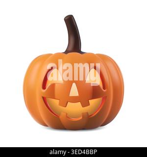 Sourire de citrouille halloween 3d. Tête visage fantôme briller et voler. Masque de lanterne jack sculpté mignon icône de vecteur, squash emoji réaliste heureux. Plastique pour enfants Illustration de Vecteur