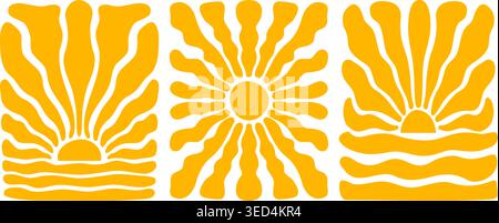 Ensemble d'affiches verticales avec des silhouettes groovy de soleil et de mer. Rayons orange ondulés. Papiers peints Sunburst, Sunrshine ou Sunlight groovy. Imprimés sur le thème de l'été. Conceptions de vibrations positives. Illustration vectorielle plate. Illustration de Vecteur