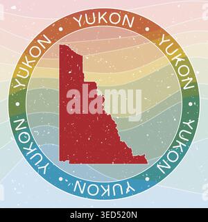 Vintage Yukon, logo rond du Canada. Écusson provincial à rayures ondulées vieillies avec texture grunge rayée. Emblème de carte rétro du Yukon, Canada. Illustration de Vecteur