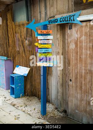 États-Unis, Islamorada, FL - 18 avril 2026 : des panneaux directionnels en bois colorés se dressent sur le terrain de galets pointant vers divers endroits locaux. Banque D'Images